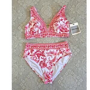Hanna Nikole Floral High Waisted Bikini Set Pink White V-Neck Swimsuit Large